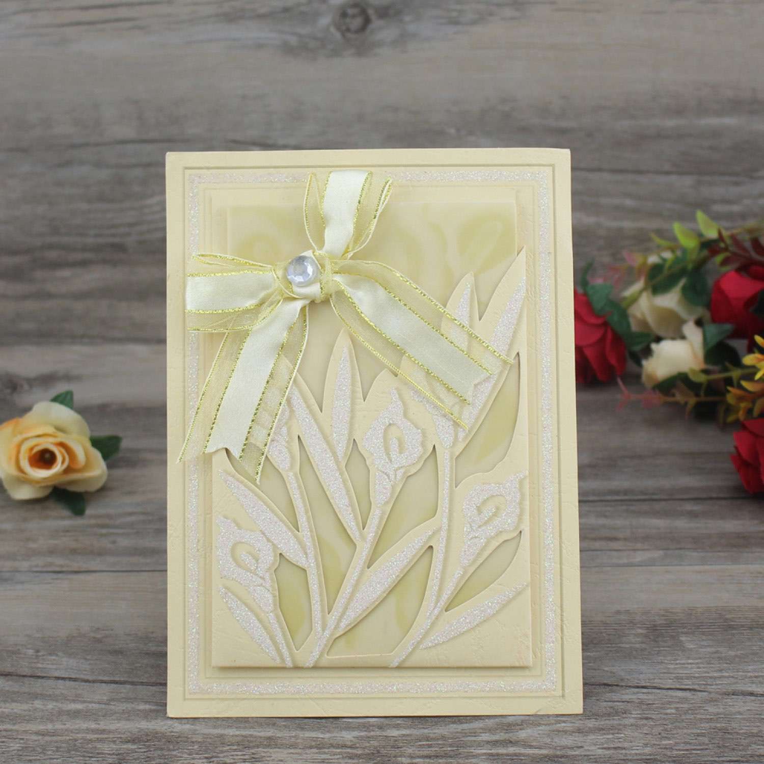 Faint Yellow Invitation Card with Ribbon Bow  Beautiful Invitation Customized 